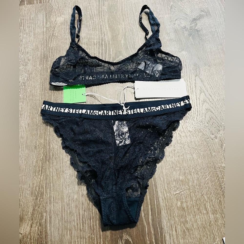 STELLA MCCARTNEY**Navy Lace Bralette + High Leg Underwear SET**$229